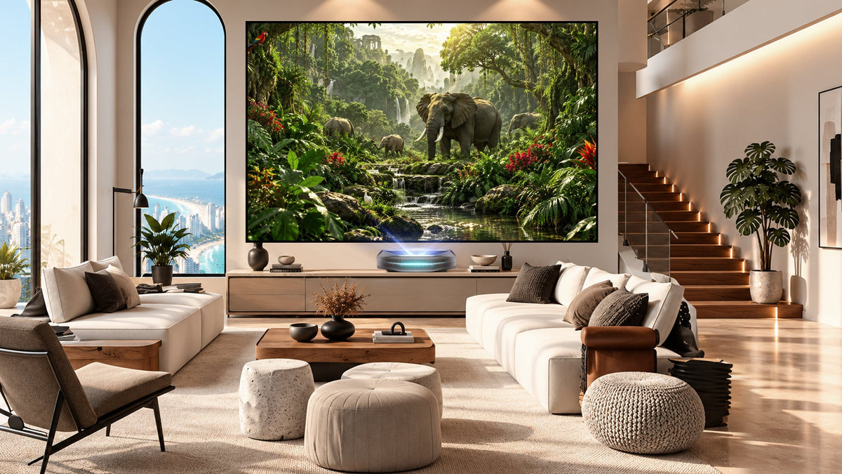 Sala de estar moderna com tela ALR NothingProjector e projetor laser 4K AWOL Vision