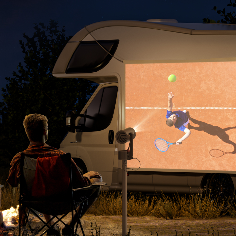 (FS) XGIMI MoGo 3 Pro - Mini Projetor LED Portátil para Externos com 450 Lúmens ISO, Google TV, Netflix, PowerBase e Bateria Integrada