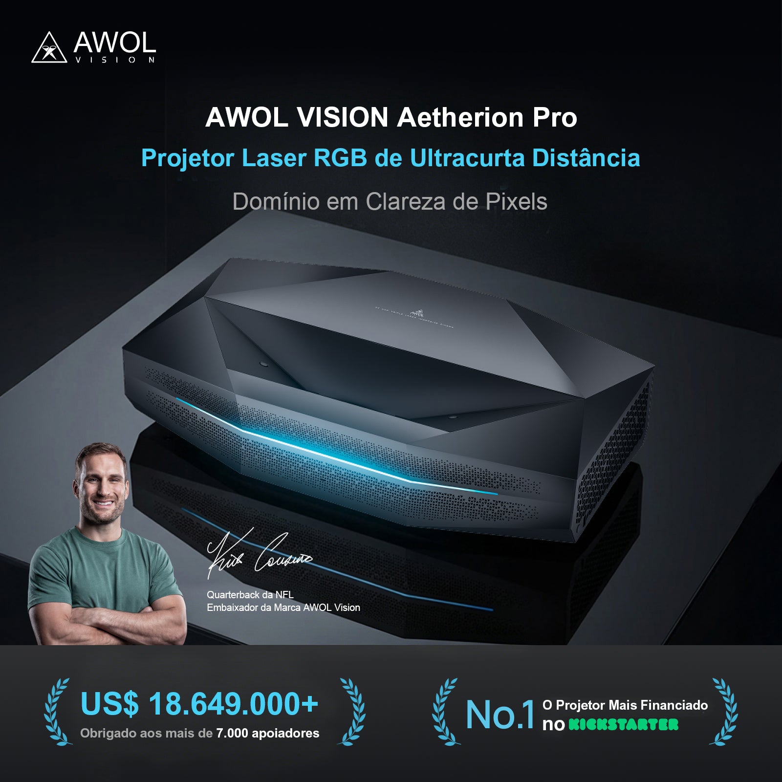 AWOL Vision Aetherion Pro - Projetor Laser RGB de Ultra Curta Distância 4K com 2600 Lúmens ISO, Dolby Vision 200" IMAX Enhanced e Google TV