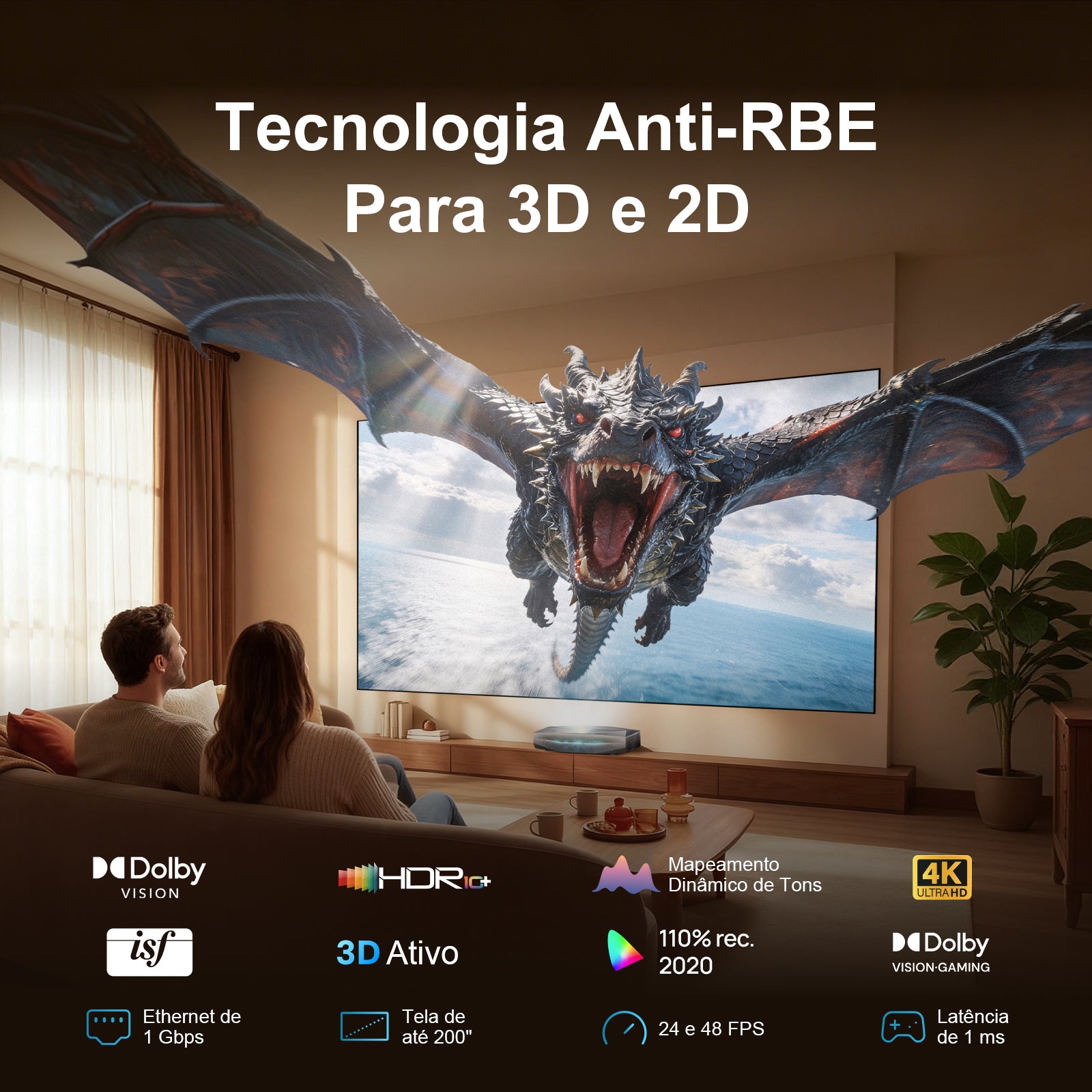AWOL Vision Aetherion Pro - Projetor Laser RGB de Ultra Curta Distância 4K com 2600 Lúmens ISO, Dolby Vision 200" IMAX Enhanced e Google TV