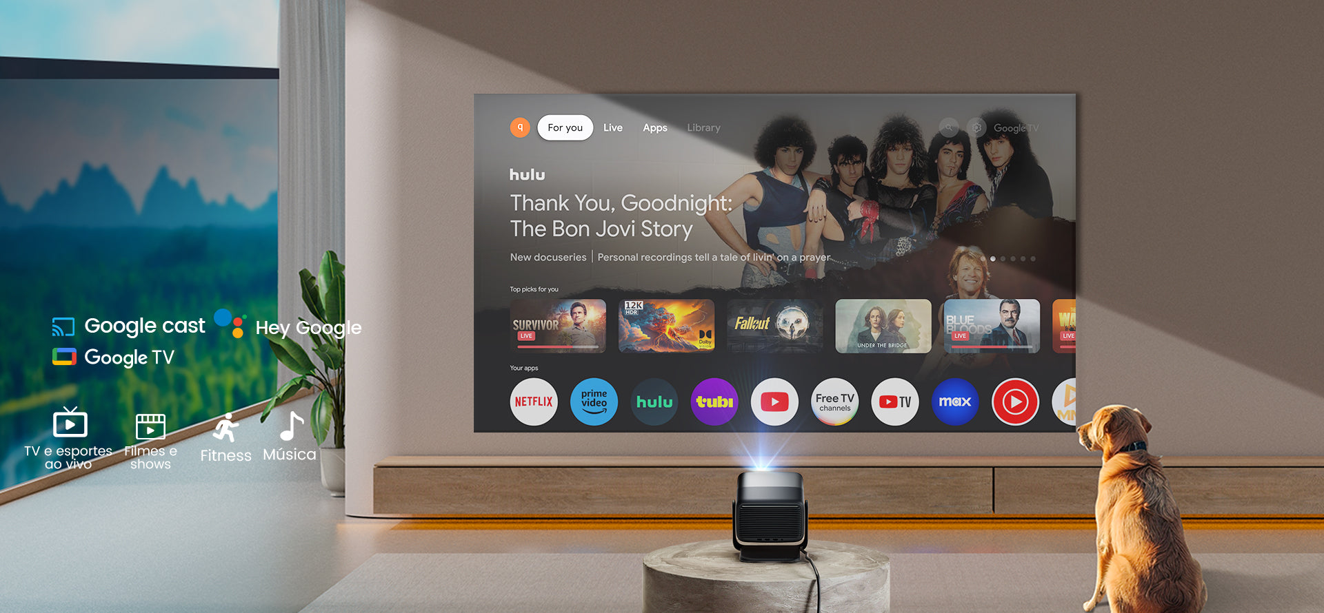 Projetor JMGO N1S Infinity reproduzindo a interface do Google TV na parede da sala
