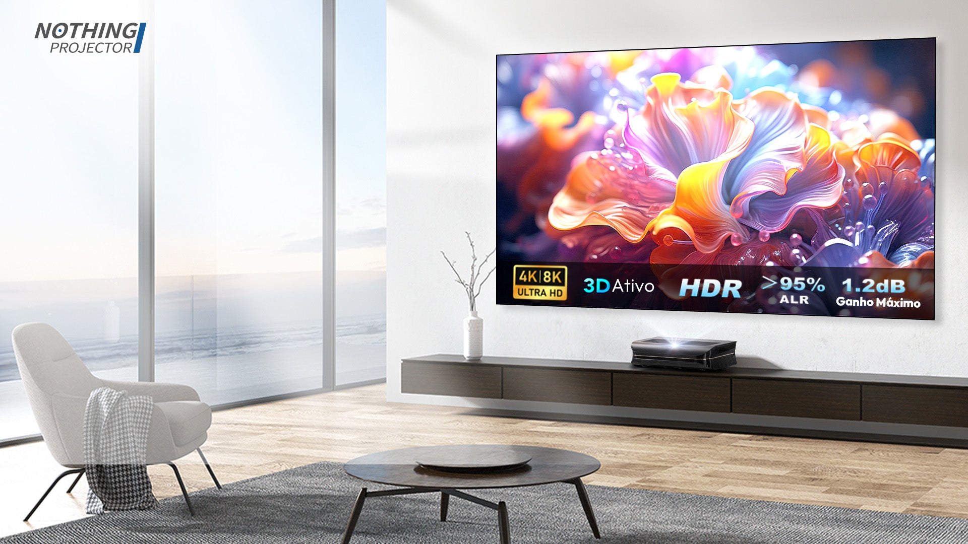 NothingProjector Fresnel Tela ALR especialmente projetada para projetores ultra curta distância, entrega visuais 4K