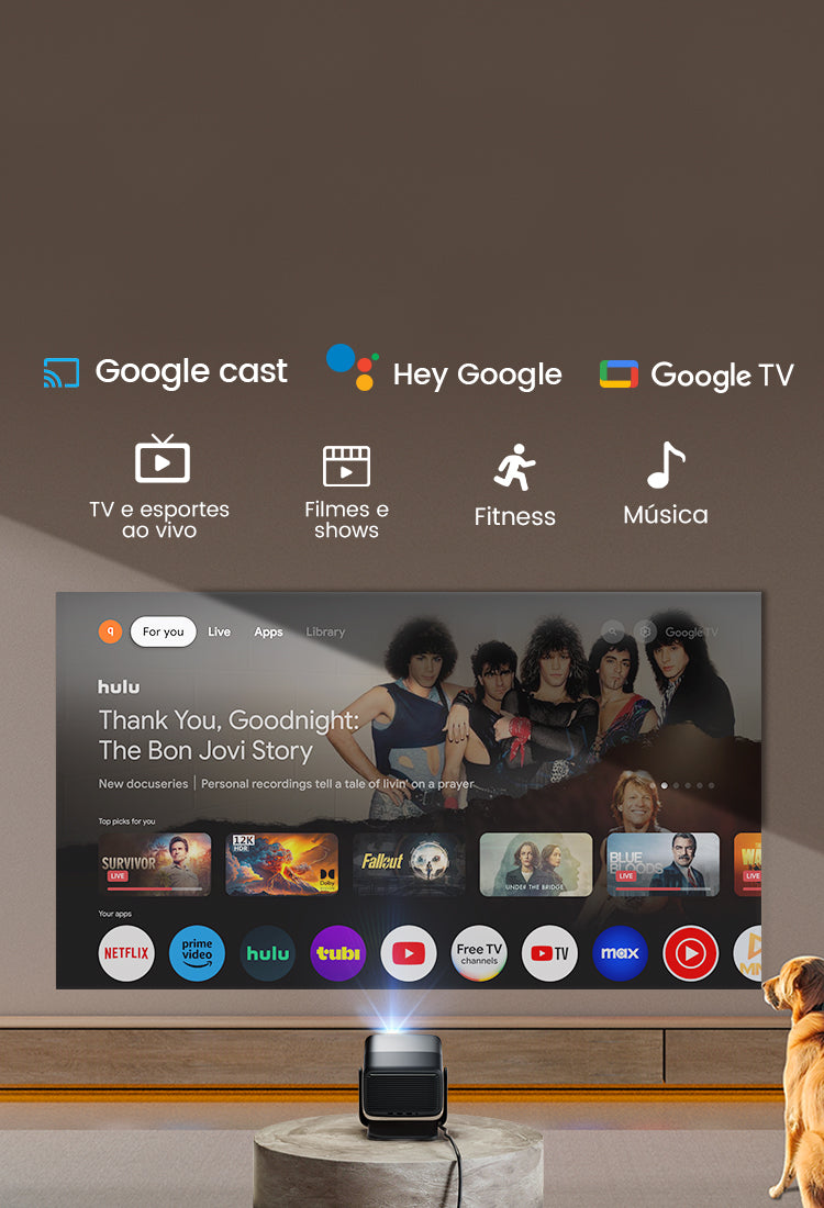 Projetor JMGO N1S Infinity reproduzindo a interface do Google TV na parede da sala