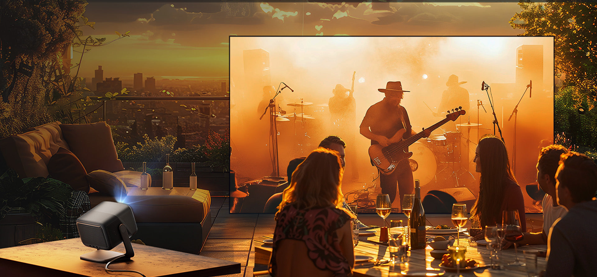 JMGO N1S Infinity com áudio imersivo reproduzindo show de banda ao vivo em tela grande ao ar livre, com amigos jantando e aproveitando a projeção