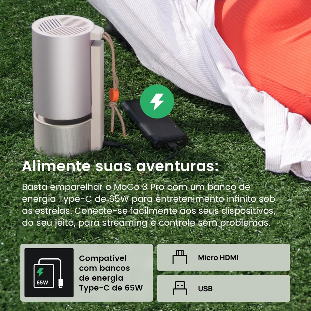 XGIMI MoGo 3 Pro compatível com power bank Type-C de 65W, portas Micro HDMI e USB.