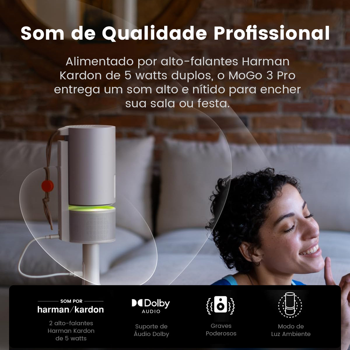 XGIMI MoGo 3 Pro com alto-falantes Harman Kardon, áudio Dolby e graves poderosos.