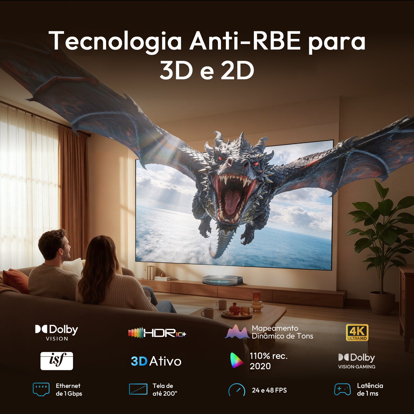 AWOL Vision Aetherion Max - Projetor Laser RGB 4K de Ultra Curta Distância com 3300 Lúmens ISO, Tela de até 200", Contraste 6000:1, Dolby Vision para Games, Latência de 1ms e Google TV