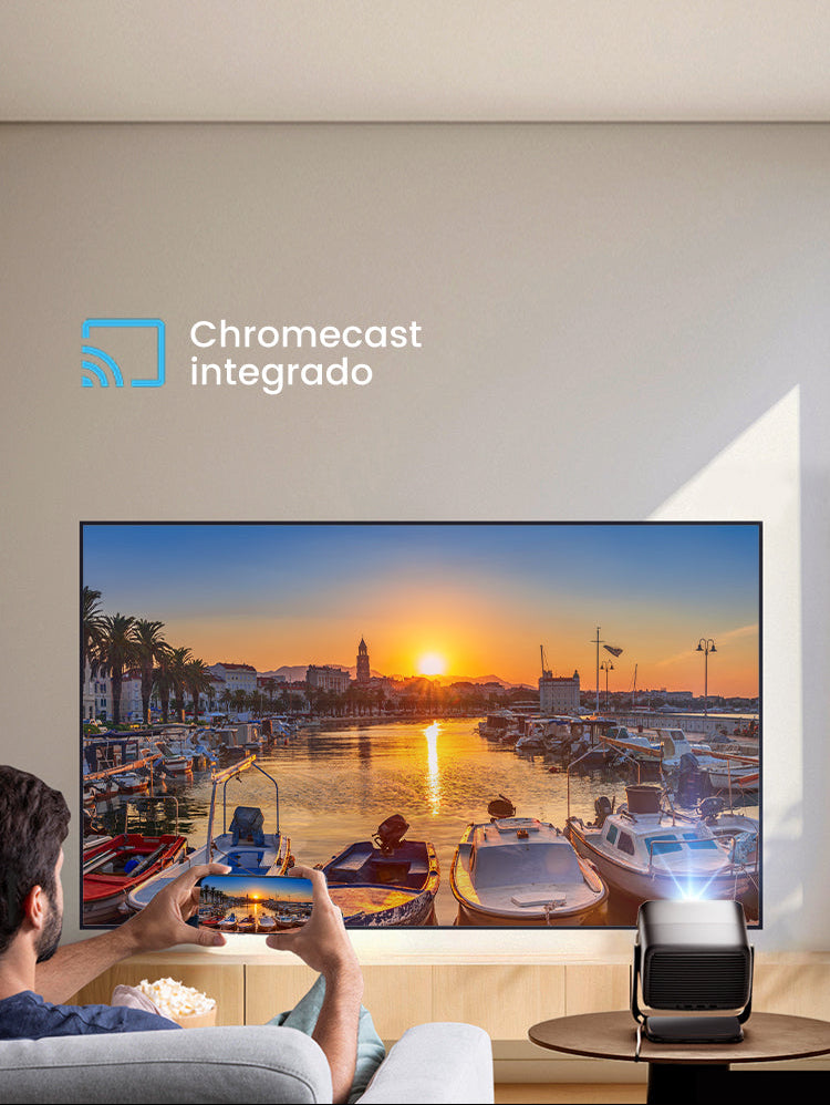 Espelhamento de vídeo do celular para tela projetada: porto ao pôr do sol usando projetor JMGO com Chromecast integrado