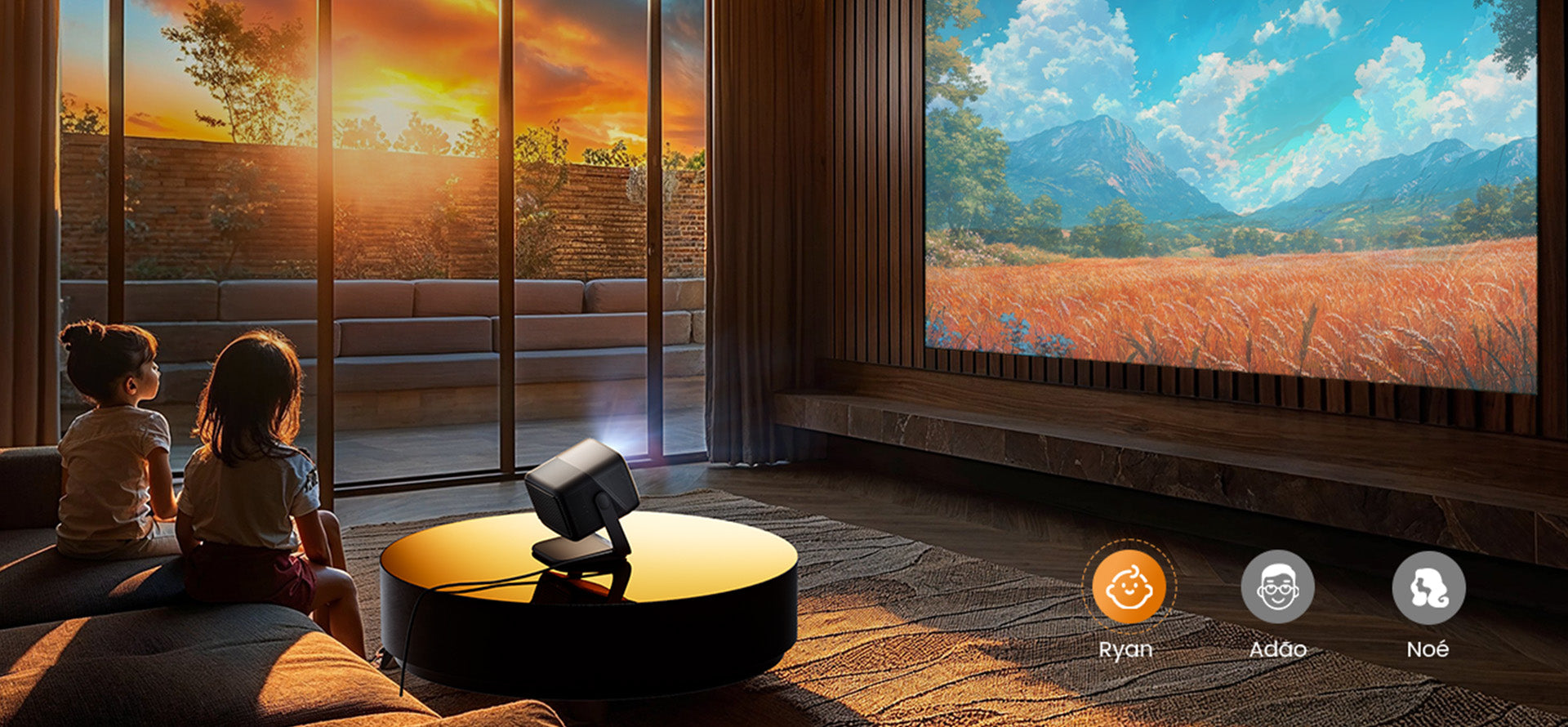 JMGO N1S Infinity projetando cena da natureza na sala, com perfis personalizados para cada membro da família