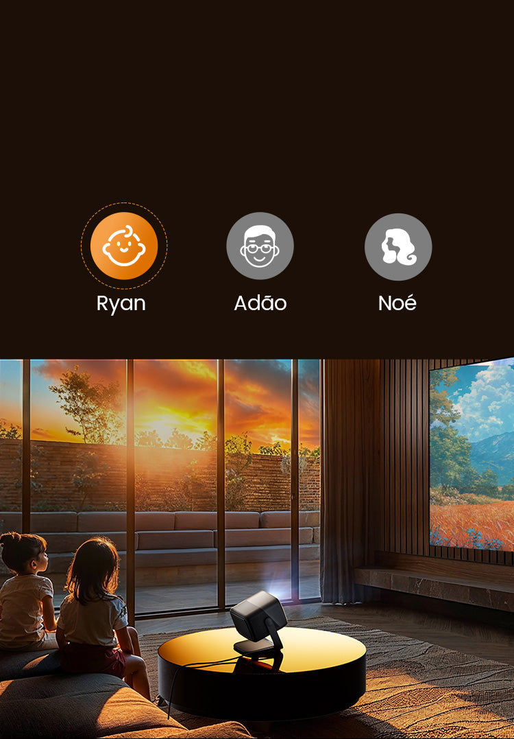 JMGO N1S Infinity projetando cena da natureza na sala, com perfis personalizados para cada membro da família