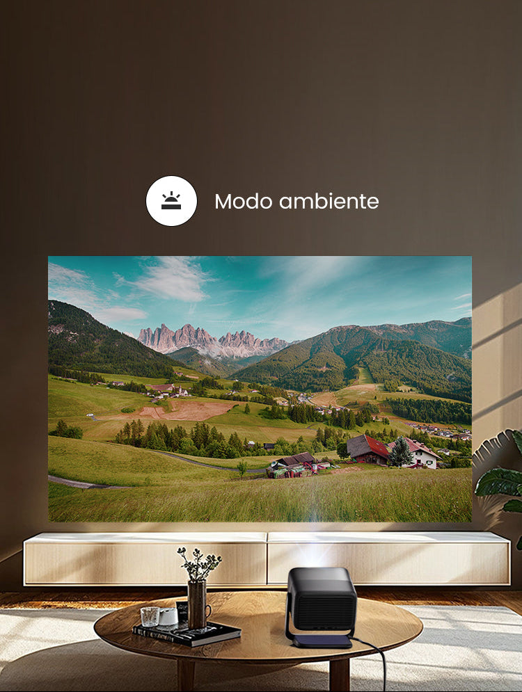 JMGO N1S Infinity reproduzindo paisagem vibrante na parede no Modo Ambiente em sala moderna