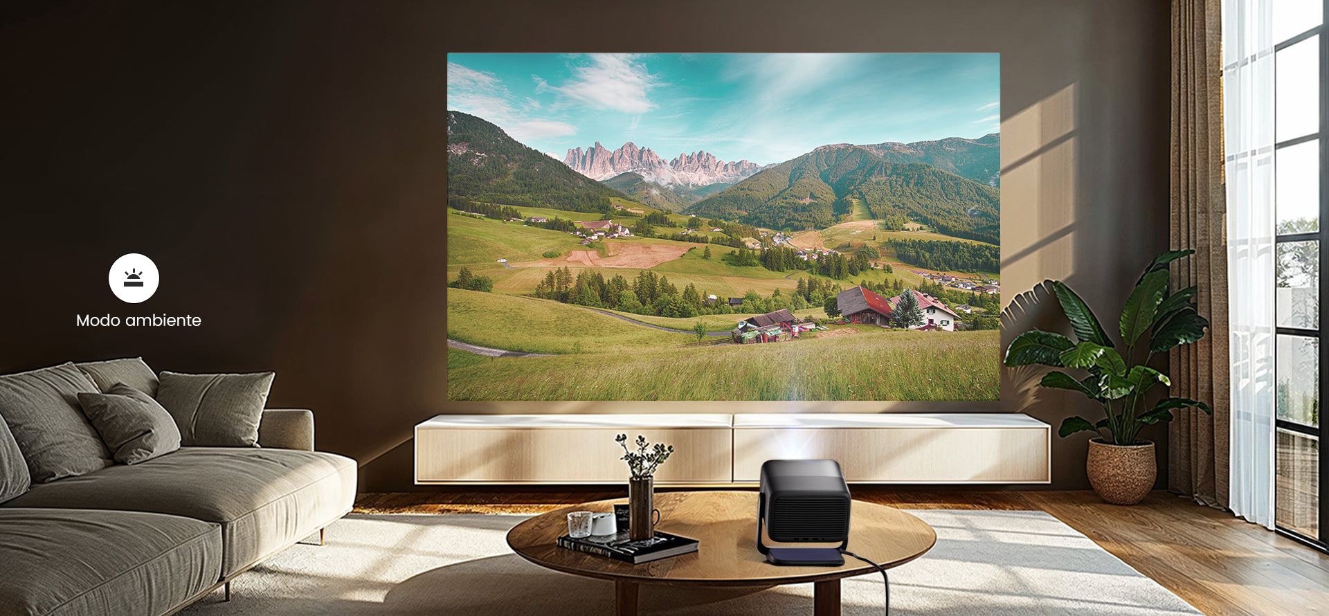 JMGO N1S Infinity reproduzindo paisagem vibrante na parede no Modo Ambiente em sala moderna