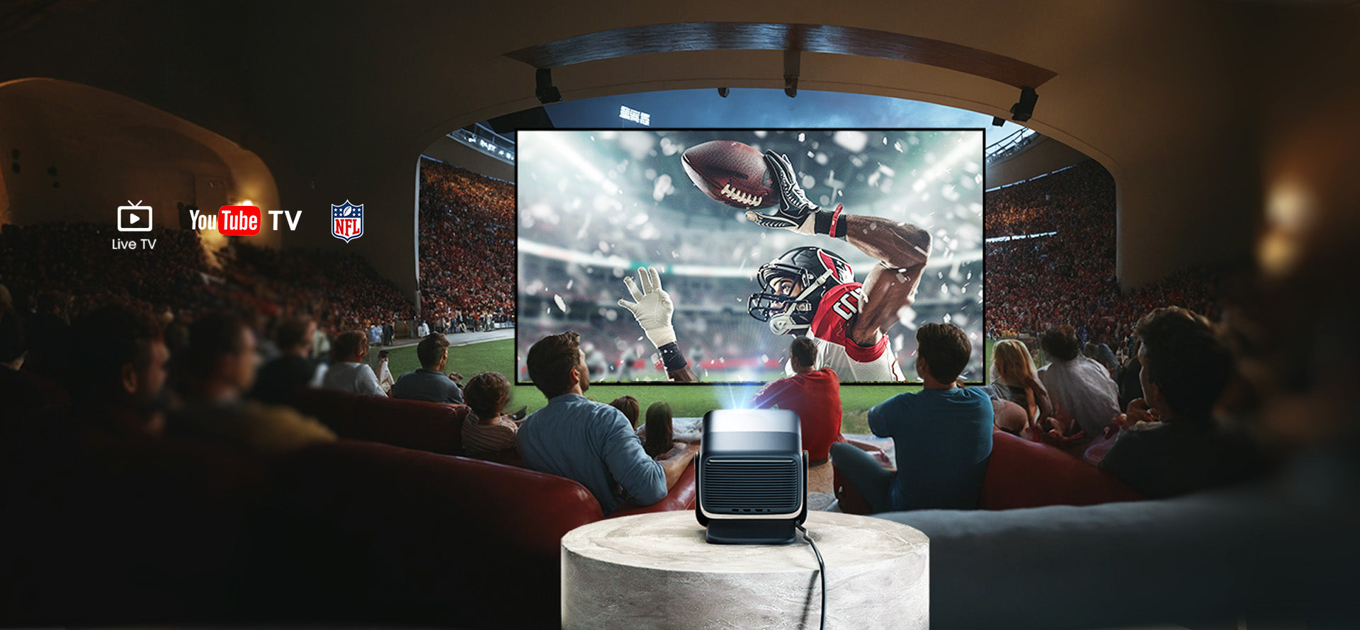 JMGO N1S Infinity reproduzindo partida emocionante de futebol americano em tela grande