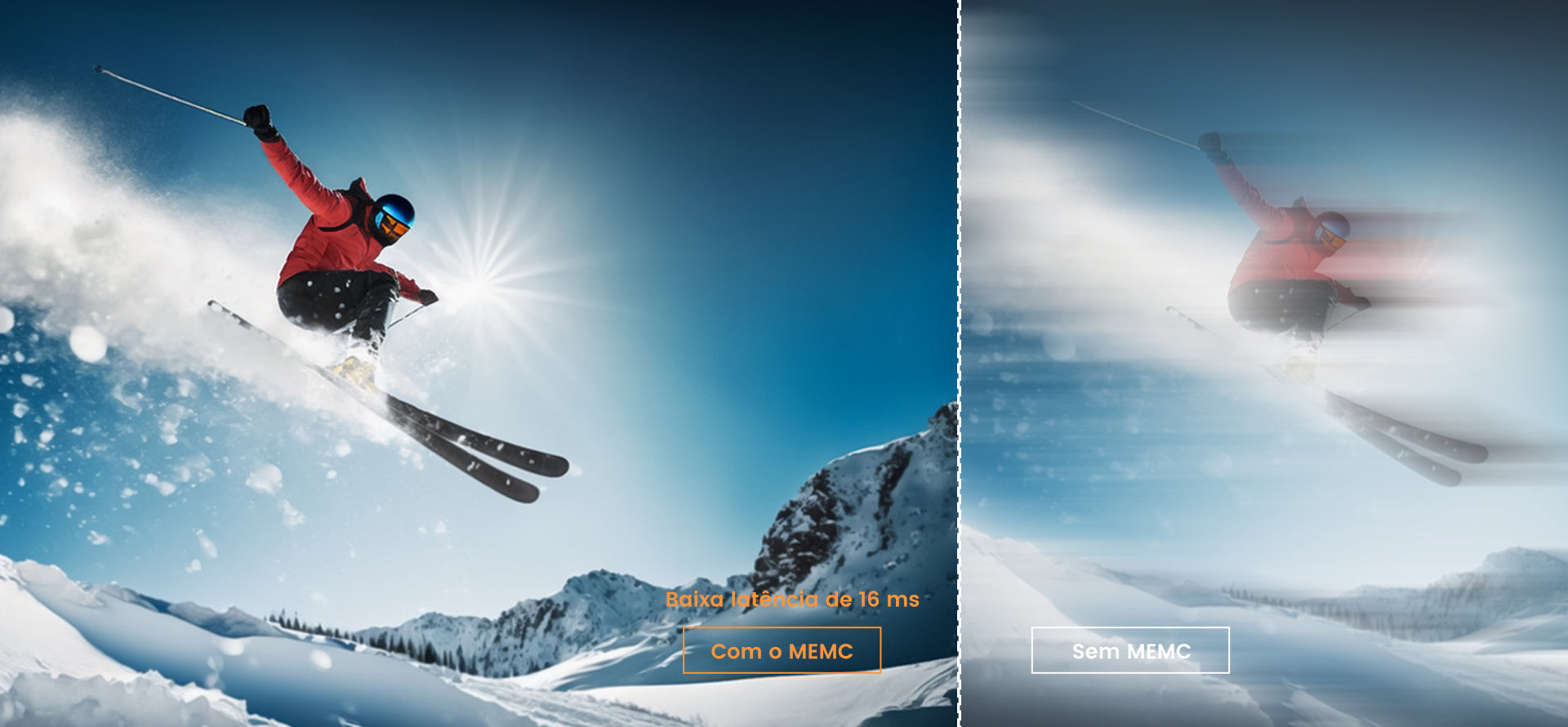Comparação de movimento: esquiador nítido com MEMC ativado vs. imagem borrada sem MEMC