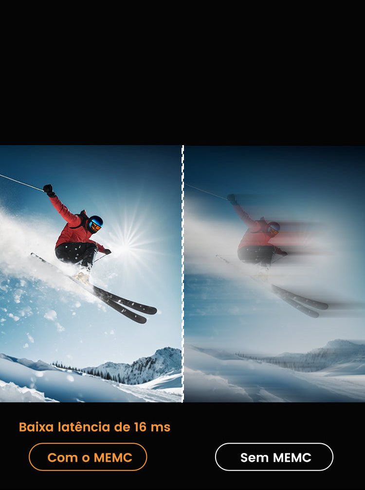 Comparação de movimento: esquiador nítido com MEMC ativado vs. imagem borrada sem MEMC