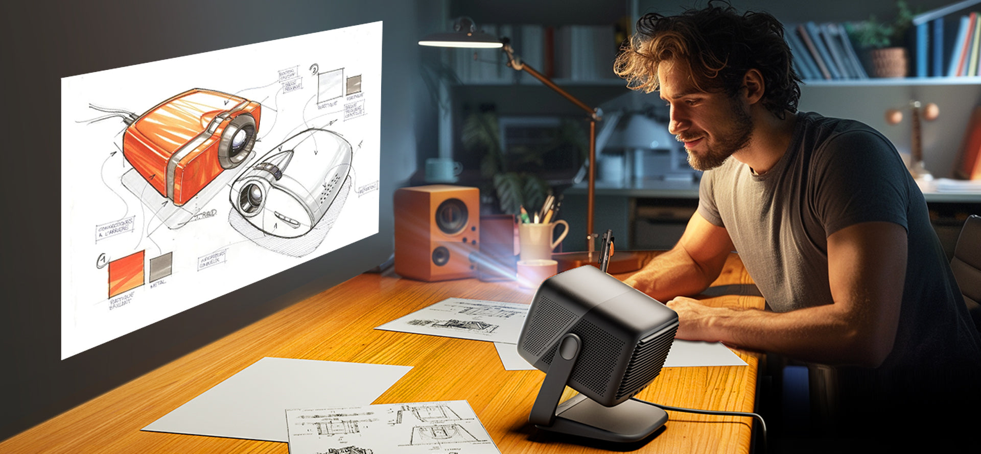 Projetor N1S Infinity reproduzindo esboços de produtos na parede do escritório de design