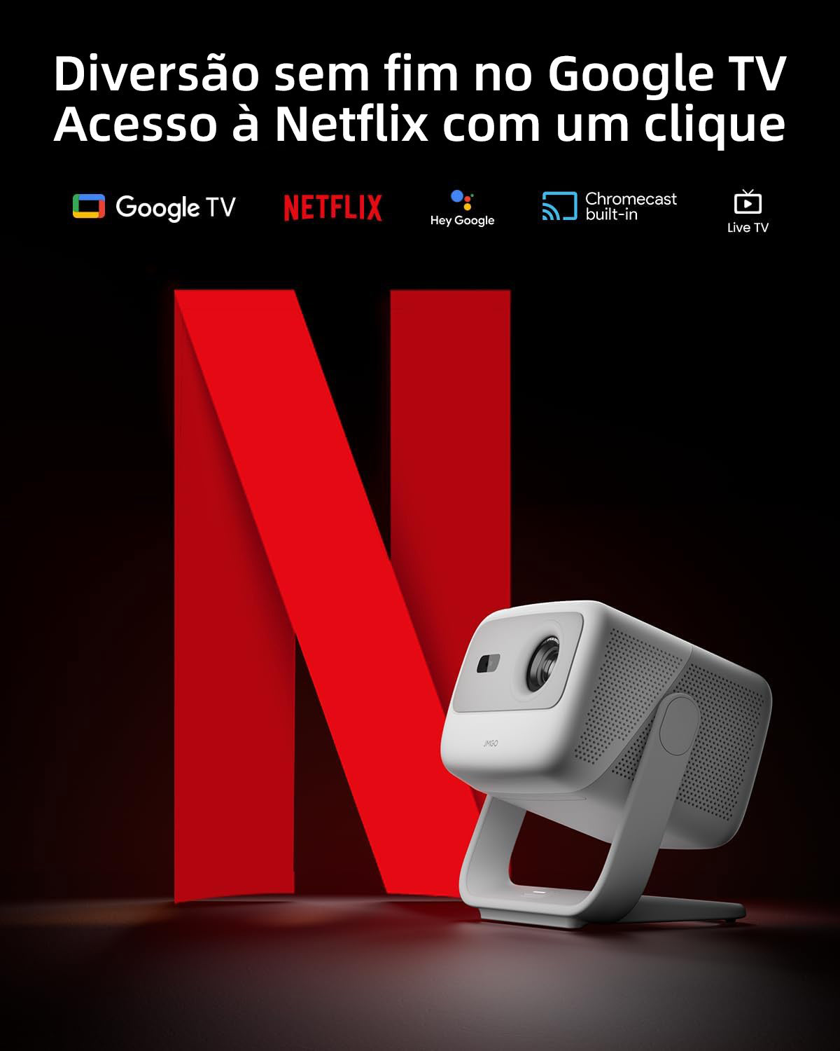 JMGO N1S SE - Mini Projetor de Longa Distância com Triplo Laser, 800 Lúmens ISO e Google TV