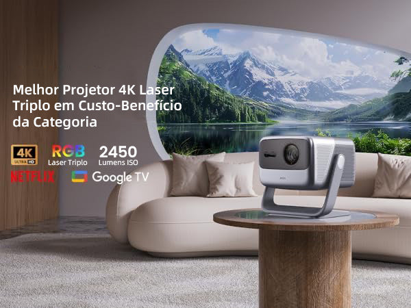 Projetor JMGO N1S Infinity em uma sala de estar moderna, destacando 4K, laser triplo RGB, 2450 lumens ISO, Netflix e Google TV