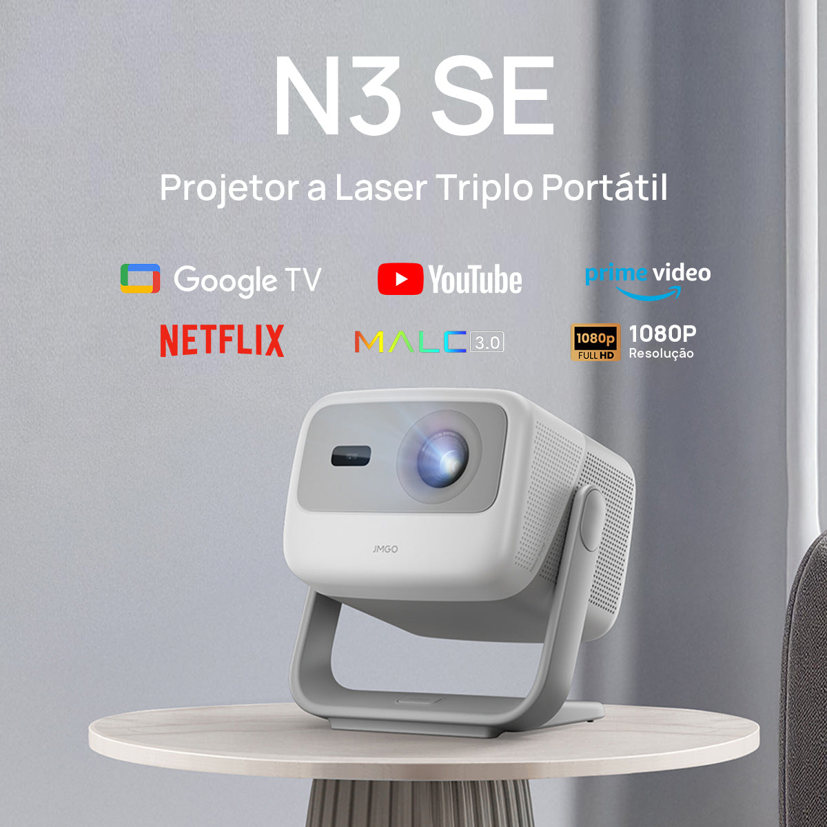 JMGO N3 SE - Projetor Gimbal Portátil 1080P com Laser Triplo, 1700 Lúmens ISO, Google TV com Netflix Nativo, Dolby Audio e Design Compacto