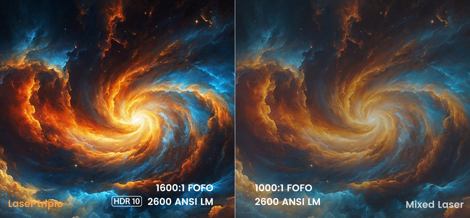 Comparação entre laser triplo e laser misto evidenciando contraste superior e destaques mais luminosos do JMGO Infinity em imagem de espiral cósmica
