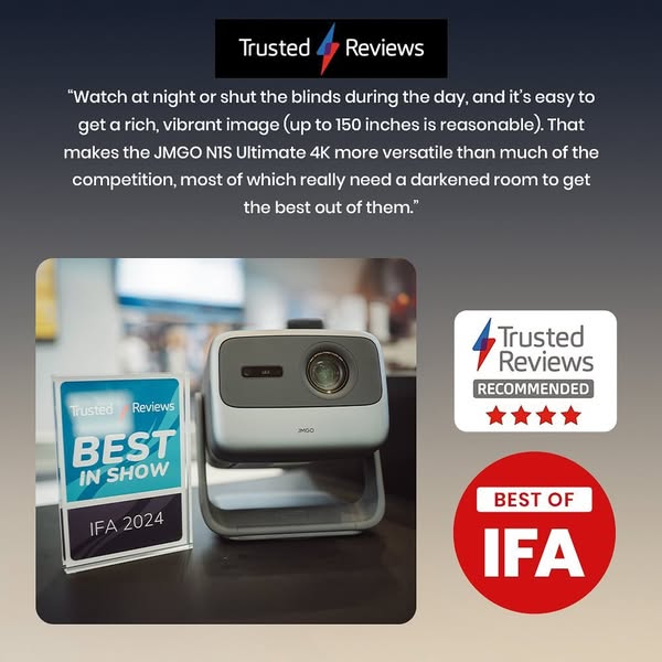 Projetor JMGO N1S Ultimate 4K a Laser para Áreas Externas com 3300 Lúmens ISO, Google TV e Netflix Integrado