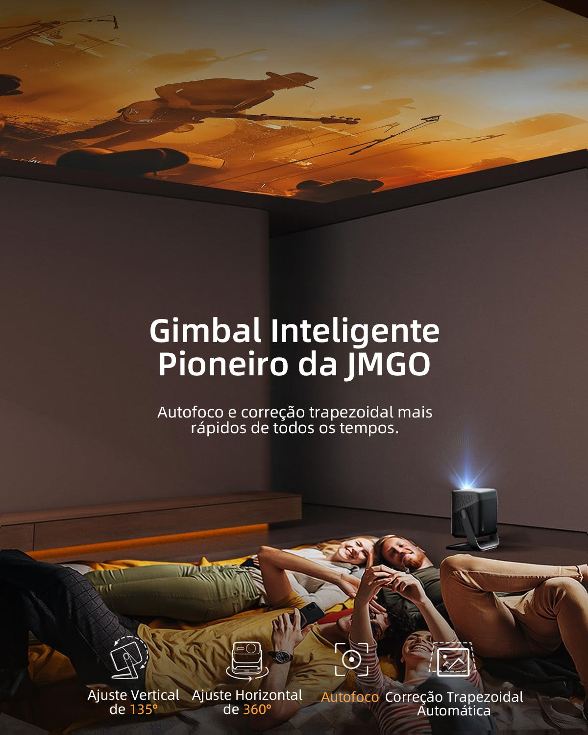 JMGO N1S Infinity projetando no teto usando seu gimbal inteligente com foco automático e correção trapezoidal automática
