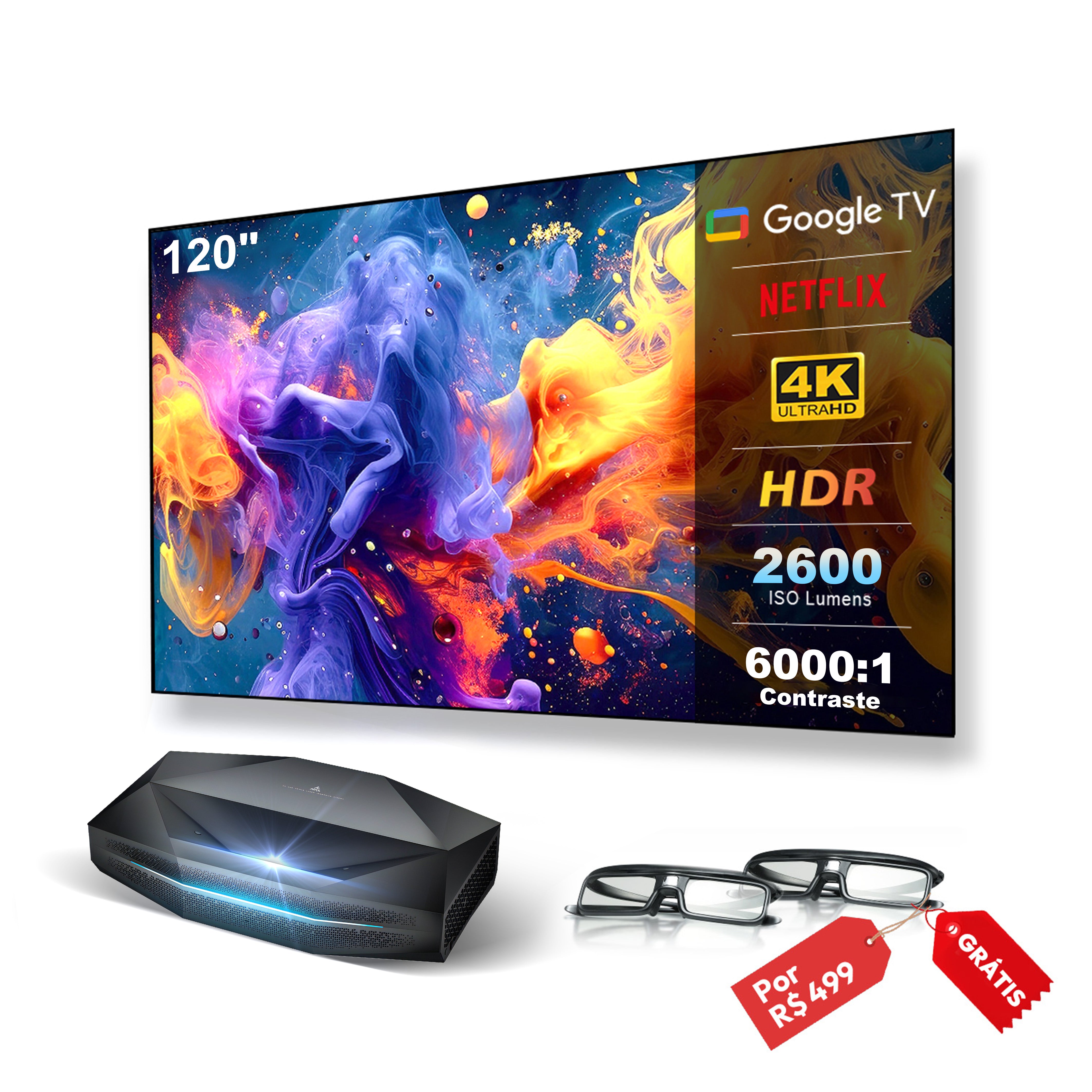 AWOL Vision Aetherion Pro - Projetor Laser RGB de Ultra Curta Distância 4K com 2600 Lúmens ISO, Dolby Vision 200" IMAX Enhanced e Google TV