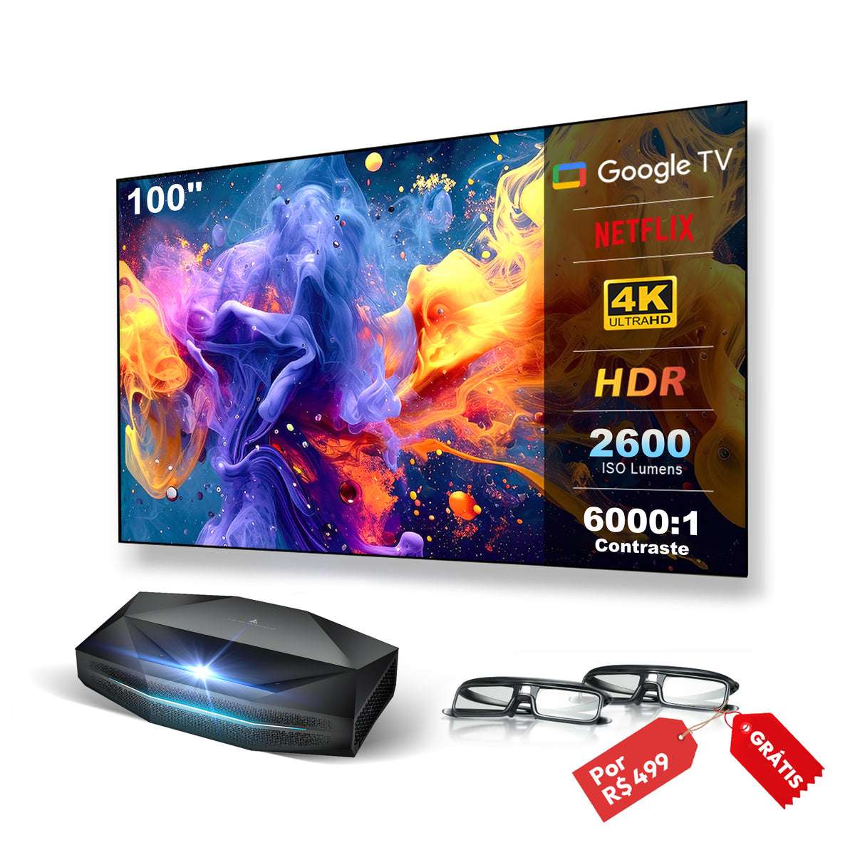 AWOL Vision Aetherion Pro - Projetor Laser RGB de Ultra Curta Distância 4K com 2600 Lúmens ISO, Dolby Vision 200" IMAX Enhanced e Google TV