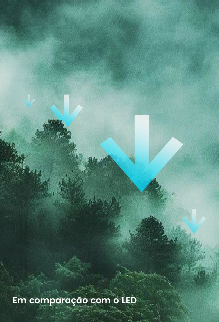 Cena de floresta com setas indicando menor consumo de energia do JMGO N1S Infinity