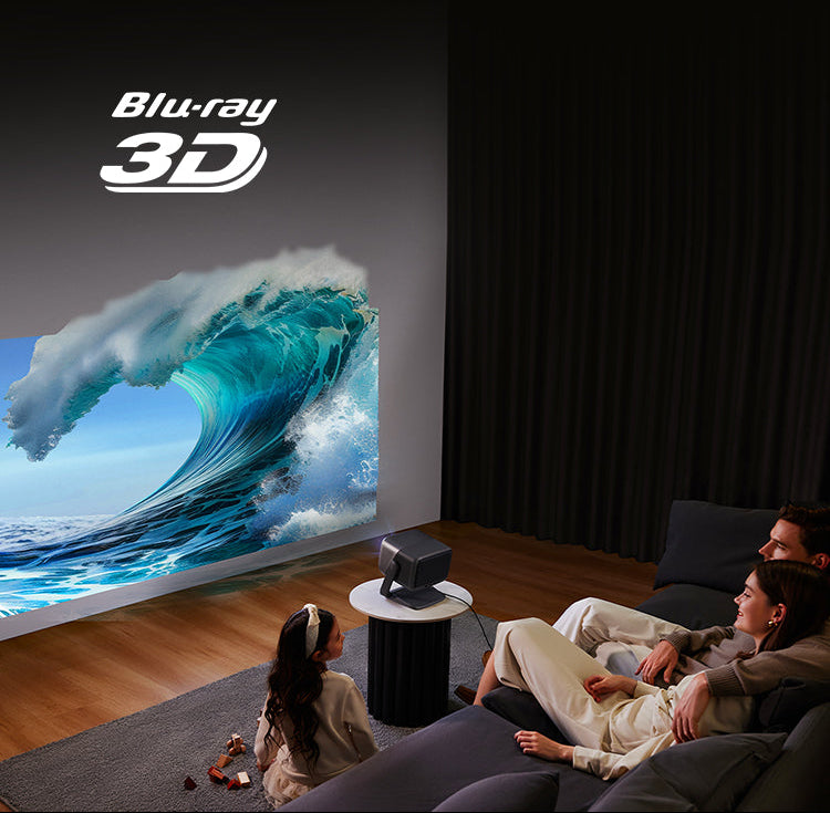 Família assistindo cena oceânica imersiva em 3D projetada na parede com JMGO N1S Infinity
