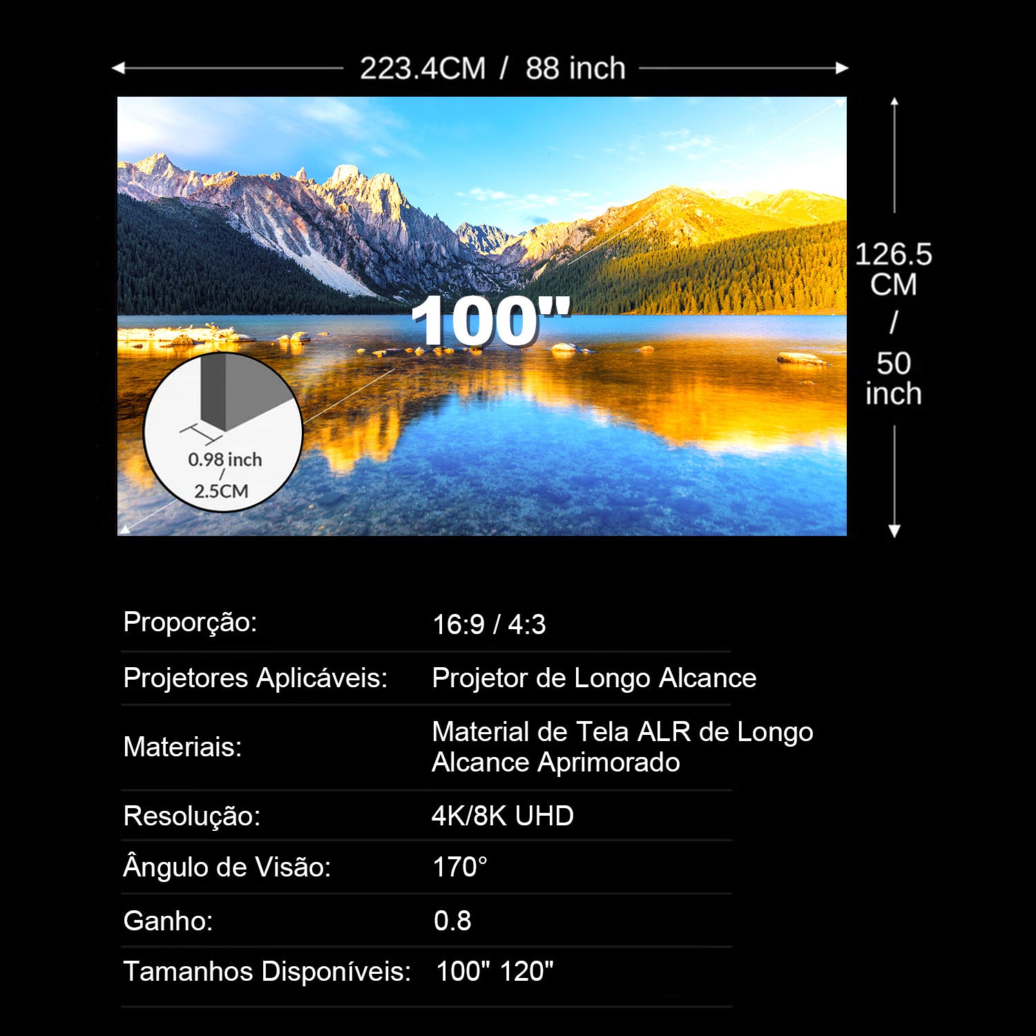 Especificações da Tela para Projetor 4K ALR de Longa Distância