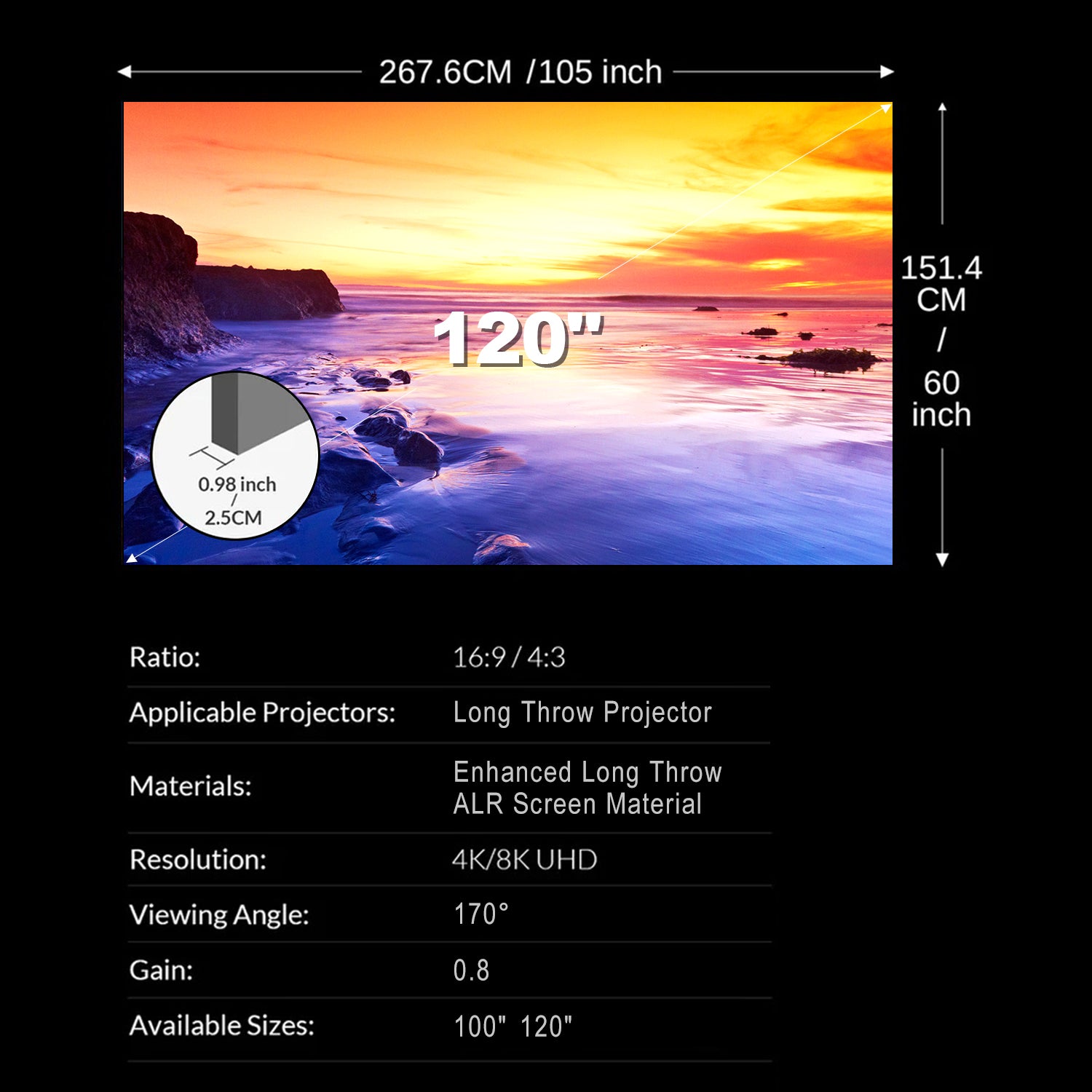 Tela para Projetor Lenticular 4K ALR NothingProjector 100” a 120” para Projetores de Longo Padrão