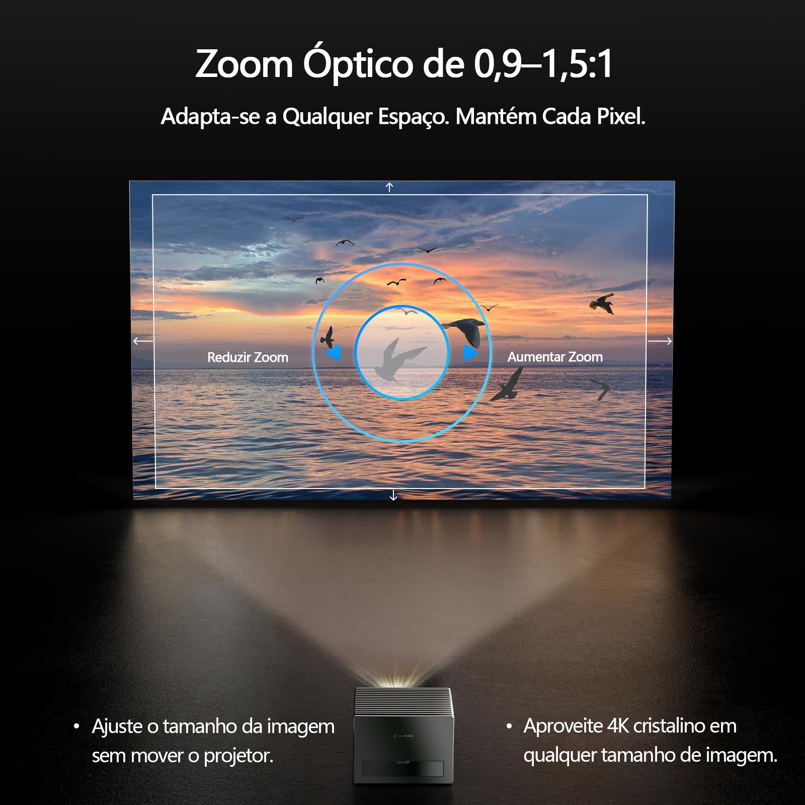 Valerion VisionMaster Pro 2 - Projetor de Longa Distância 4K Laser 3D Triplo RGB 3000 Lúmens ISO 300" IMAX