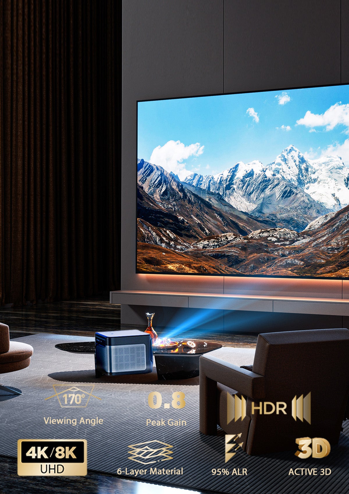 Tela ALR NothingProjector para projetores de média e longa distância com 6 camadas, 95% ALR e suporte 4K/8K