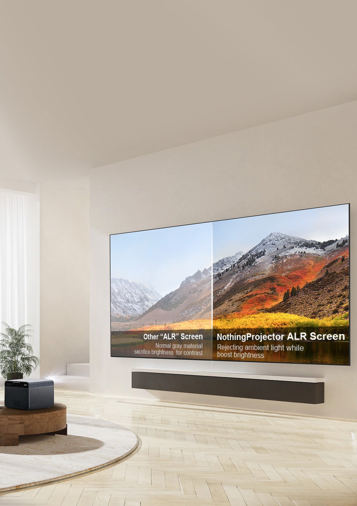 Comparação entre Tela ALR NothingProjector e outras telas ALR, destacando rejeição de luz ambiente e maior brilho