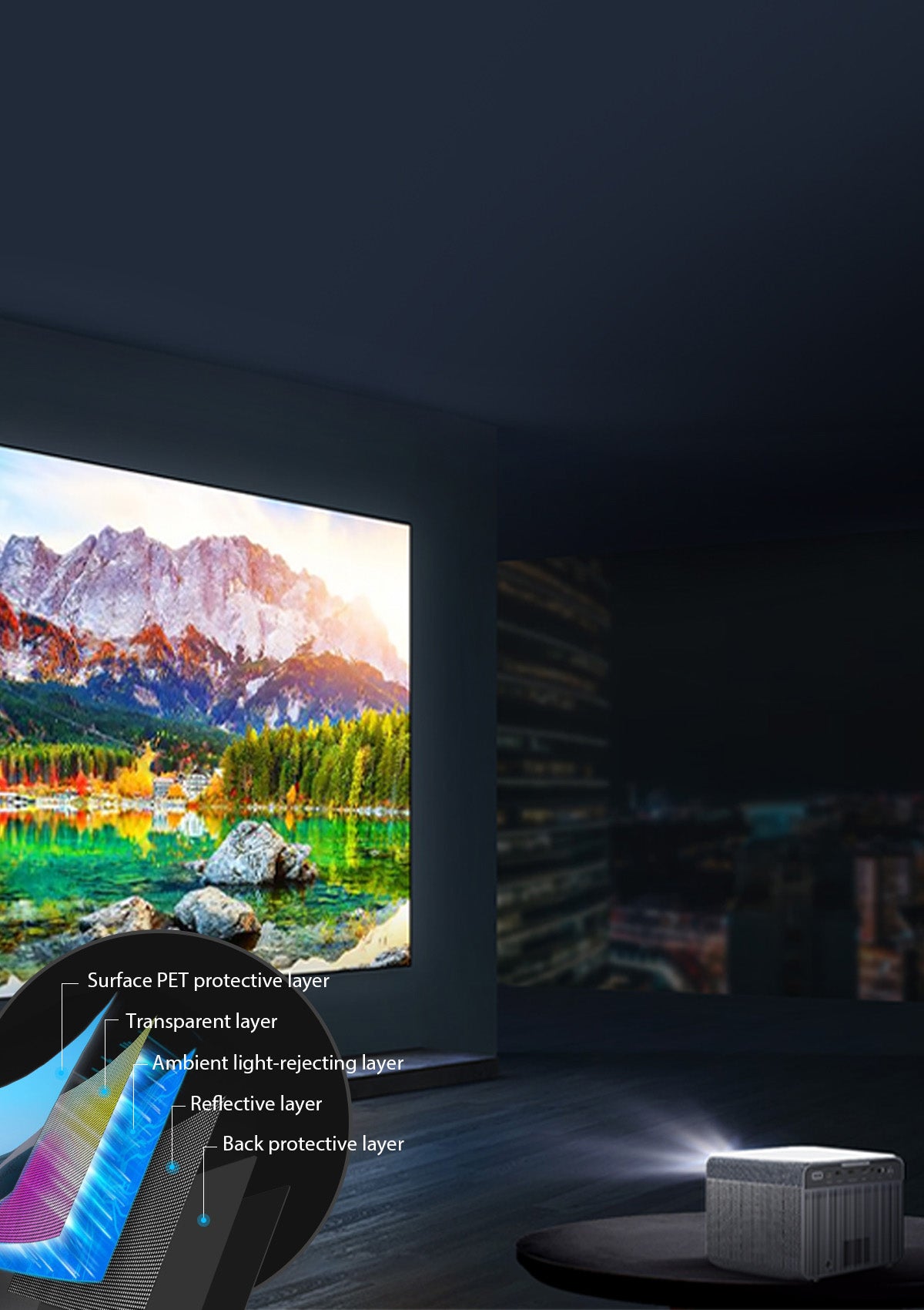 Material de tela ALR de 6 camadas projetado para bloquear luz ambiente e aumentar brilho.