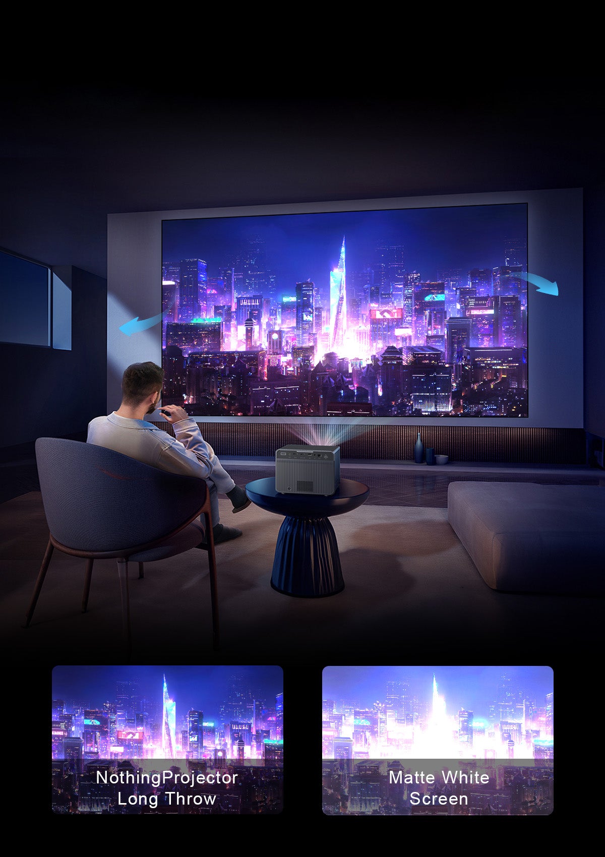 Comparação de brilho entre Tela ALR NothingProjector e tela branca fosca padrão.