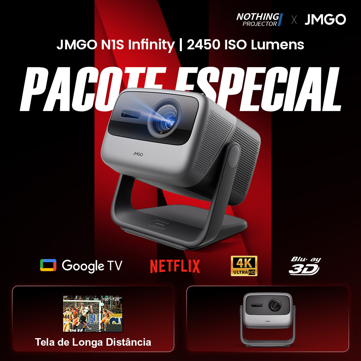 JMGO N1S Infinity Projetor 4K de Longo Alcance com Tri-Laser 2450 ISO Lúmens Google TV