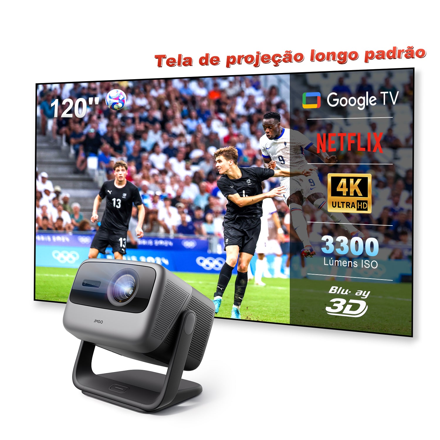 Projetor JMGO N1S Ultimate 4K a Laser para Áreas Externas com 3300 Lúmens ISO, Google TV e Netflix Integrado