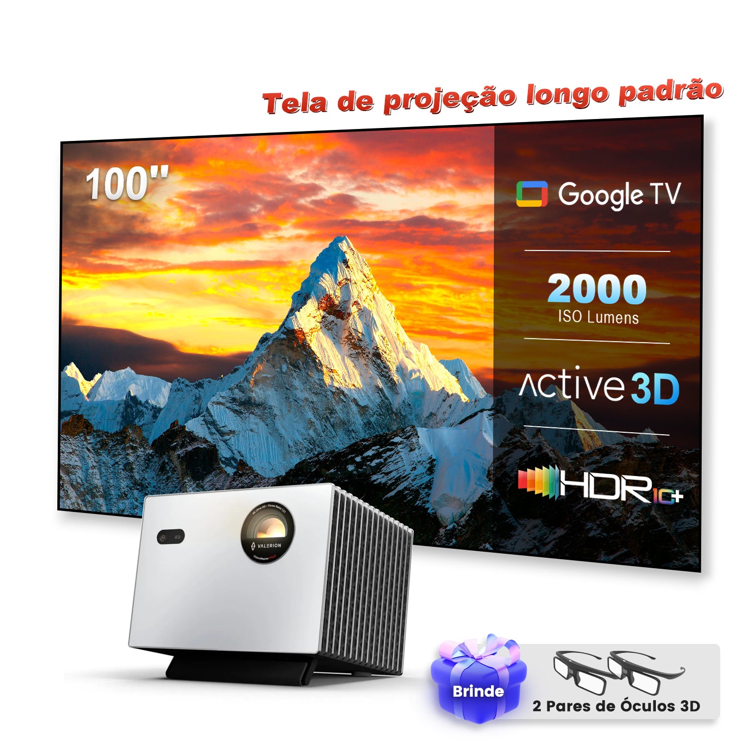Valerion StreamMaster Plus 2 - Projetor Laser de Longa Distância DLP 4K 3D Triplo RGB 2000 Lúmens ISO