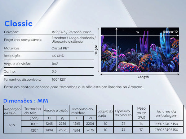Especificações técnicas da tela PET Crystal Classic ALR