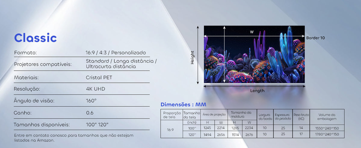 Especificações técnicas da tela PET Crystal Classic ALR