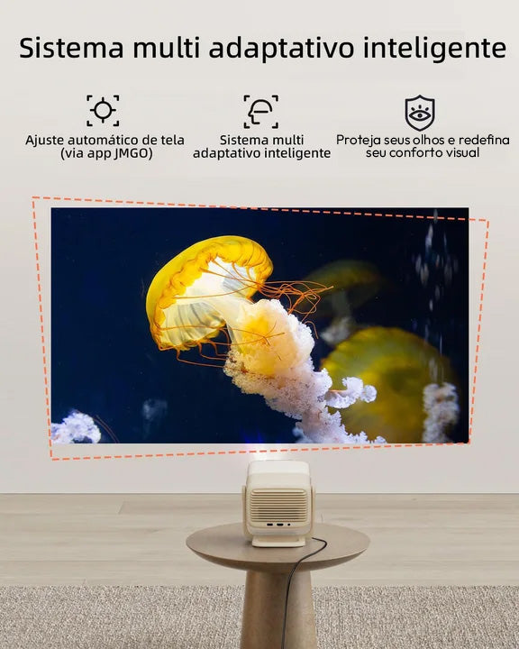 Sistema inteligente do projetor JMGO N1S Nano ajustando automaticamente o enquadramento da imagem à parede