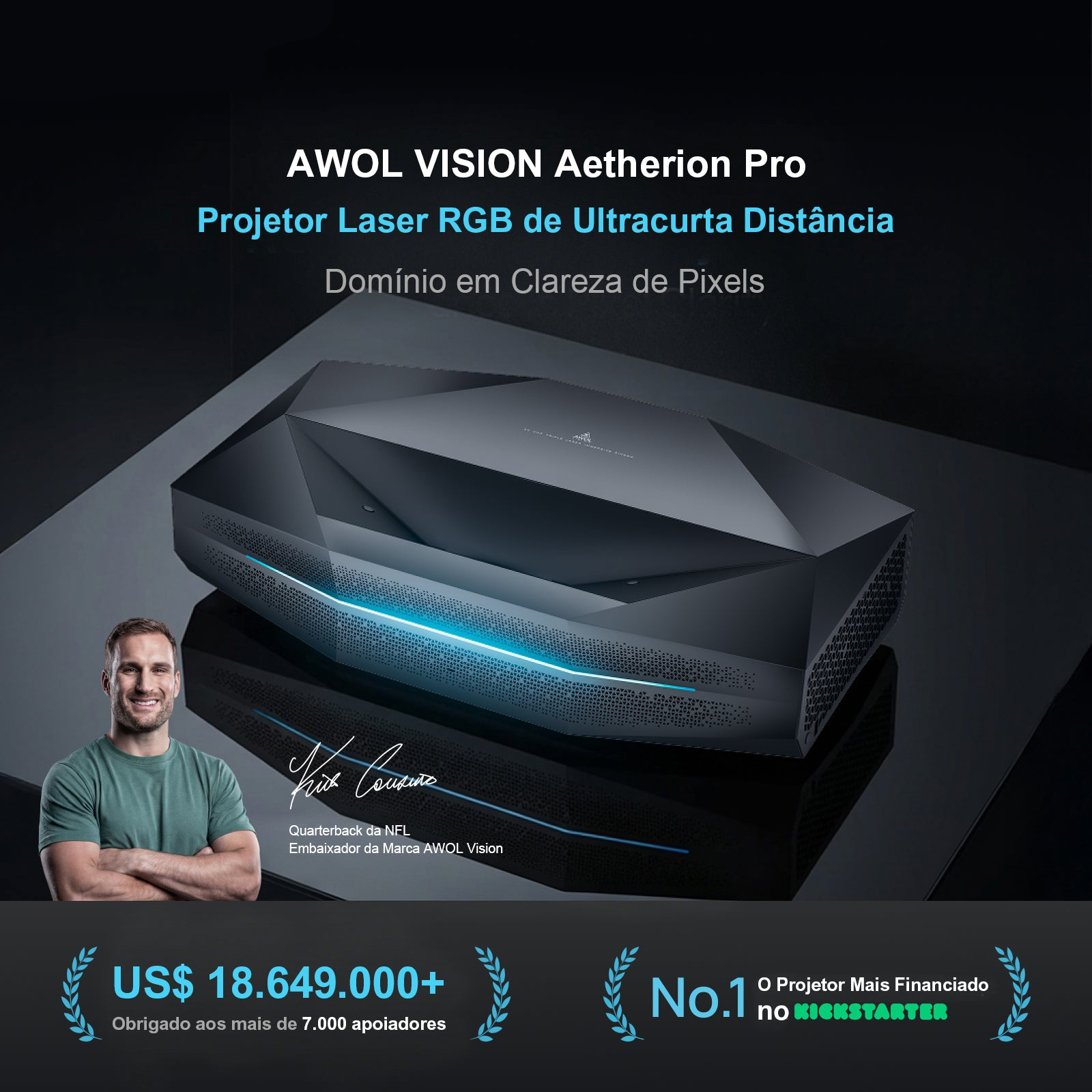 AWOL Vision Aetherion Pro - Projetor Laser RGB de  Ultra Curta Distância 4K com 2600 Lúmens ISO, Dolby Vision 200" IMAX Enhanced e Google TV
