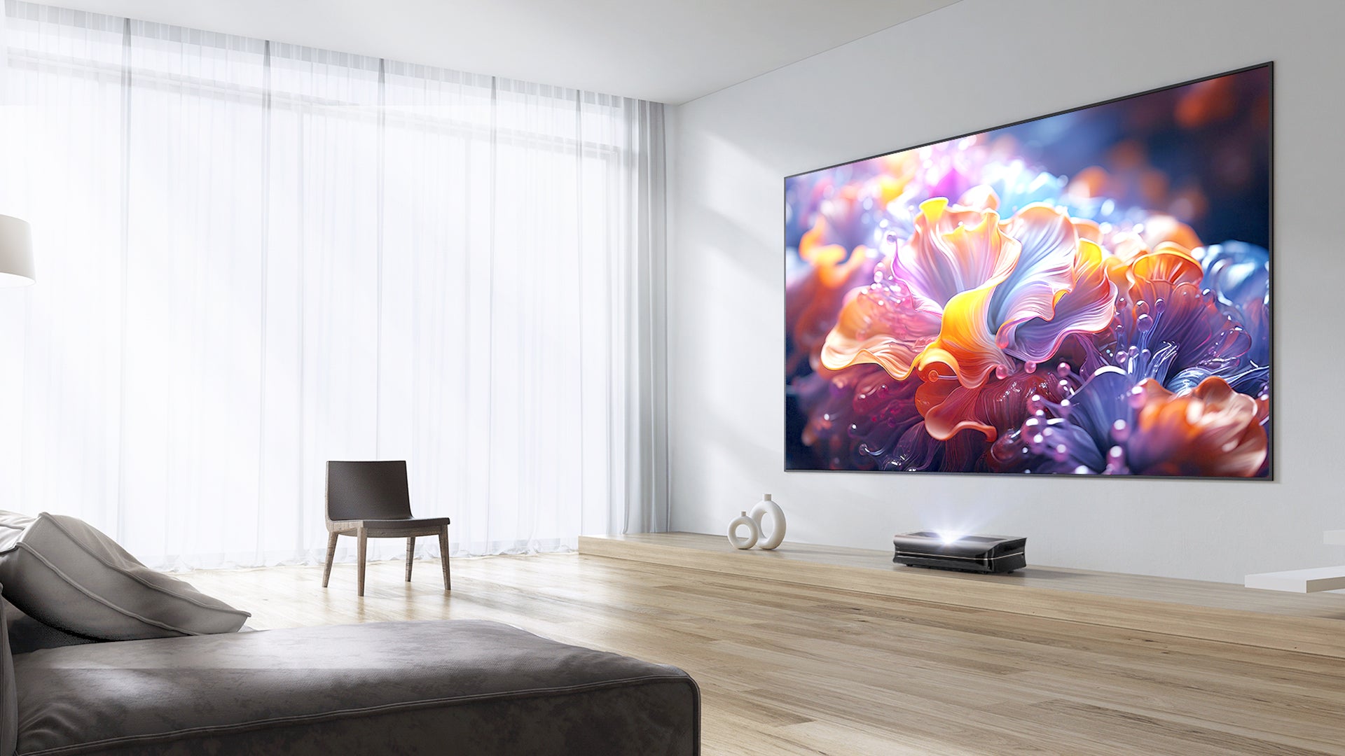 Tela Fresnel ALR com rejeição de luz ambiente >95%, garantindo cores vívidas e imagens nítidas mesmo de dia