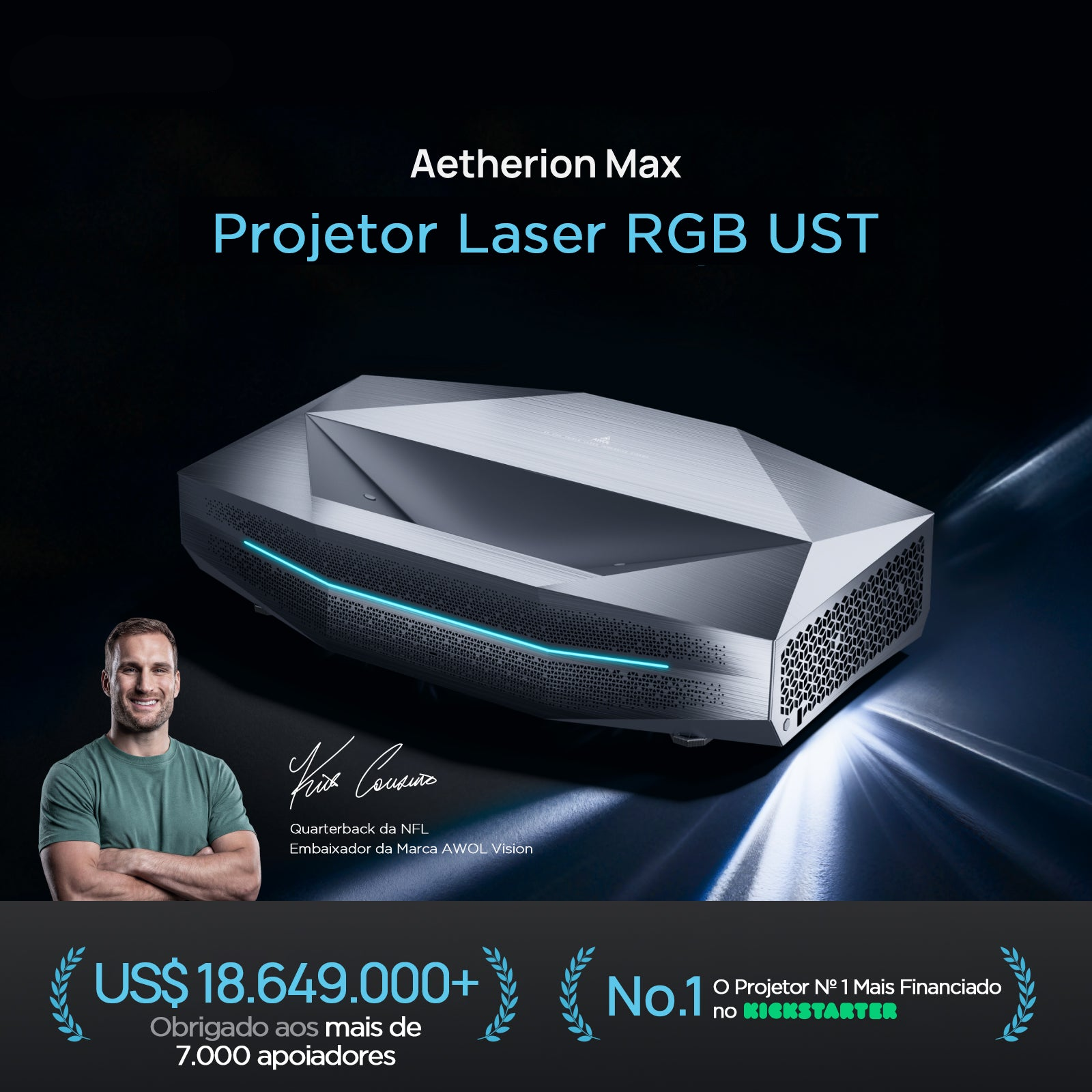 AWOL Vision Aetherion Max - Projetor Laser RGB 4K de Ultra Curta Distância com 3300 Lúmens ISO, Tela de até 200", Contraste 6000:1, Dolby Vision para Games, Latência de 1ms e Google TV