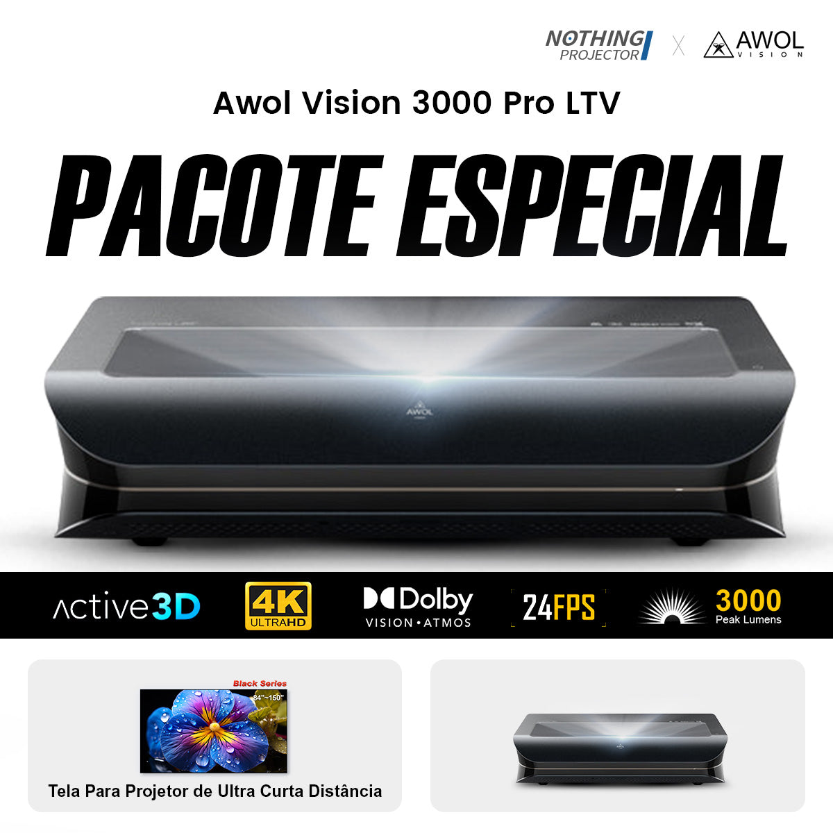 Awol Vision LTV-3000 Pro Projetor Ultra Curta Distancia Triple Laser 4K