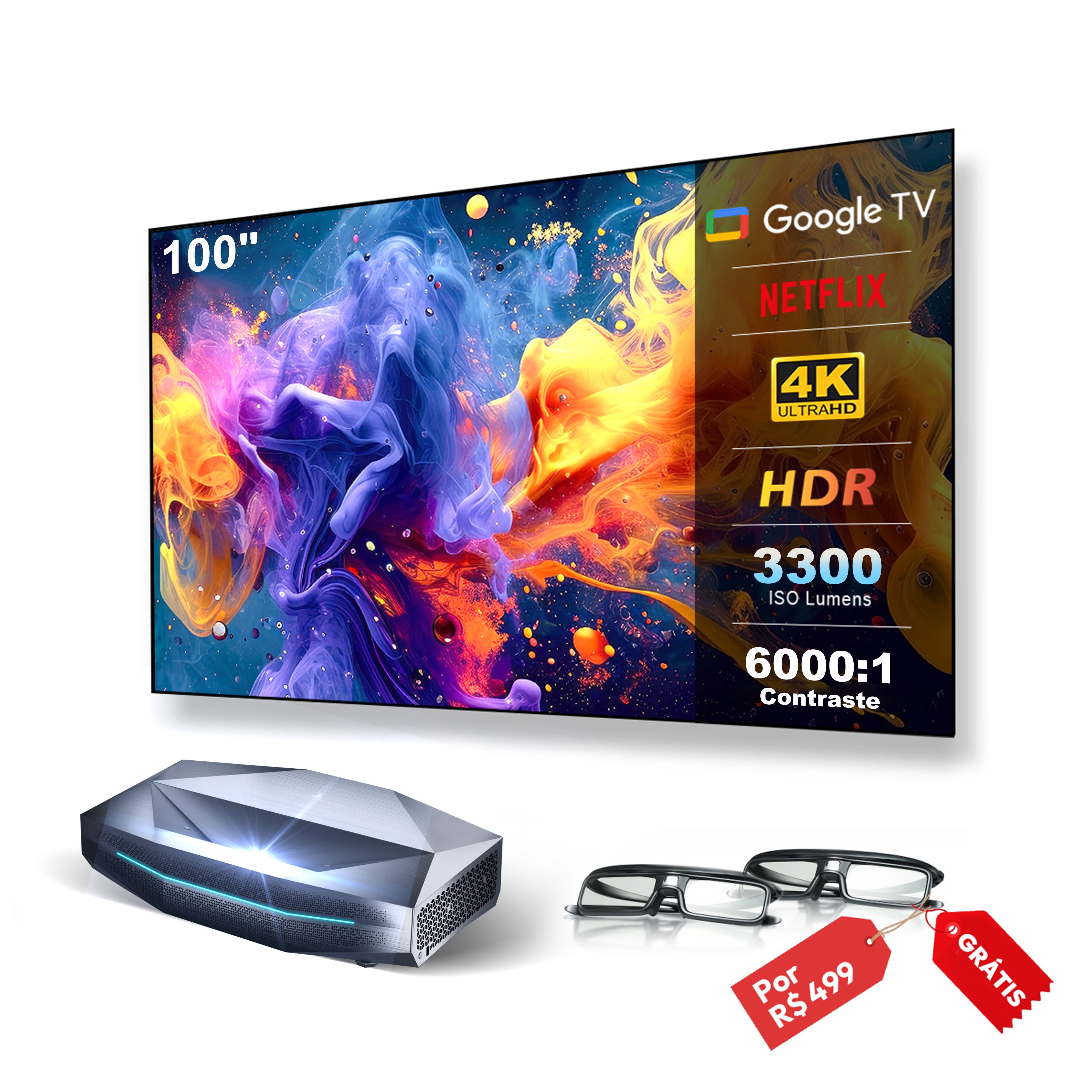 AWOL Vision Aetherion Max - Projetor Laser RGB 4K de Ultra Curta Distância com 3300 Lúmens ISO, Tela de até 200", Contraste 6000:1, Dolby Vision para Games, Latência de 1ms e Google TV