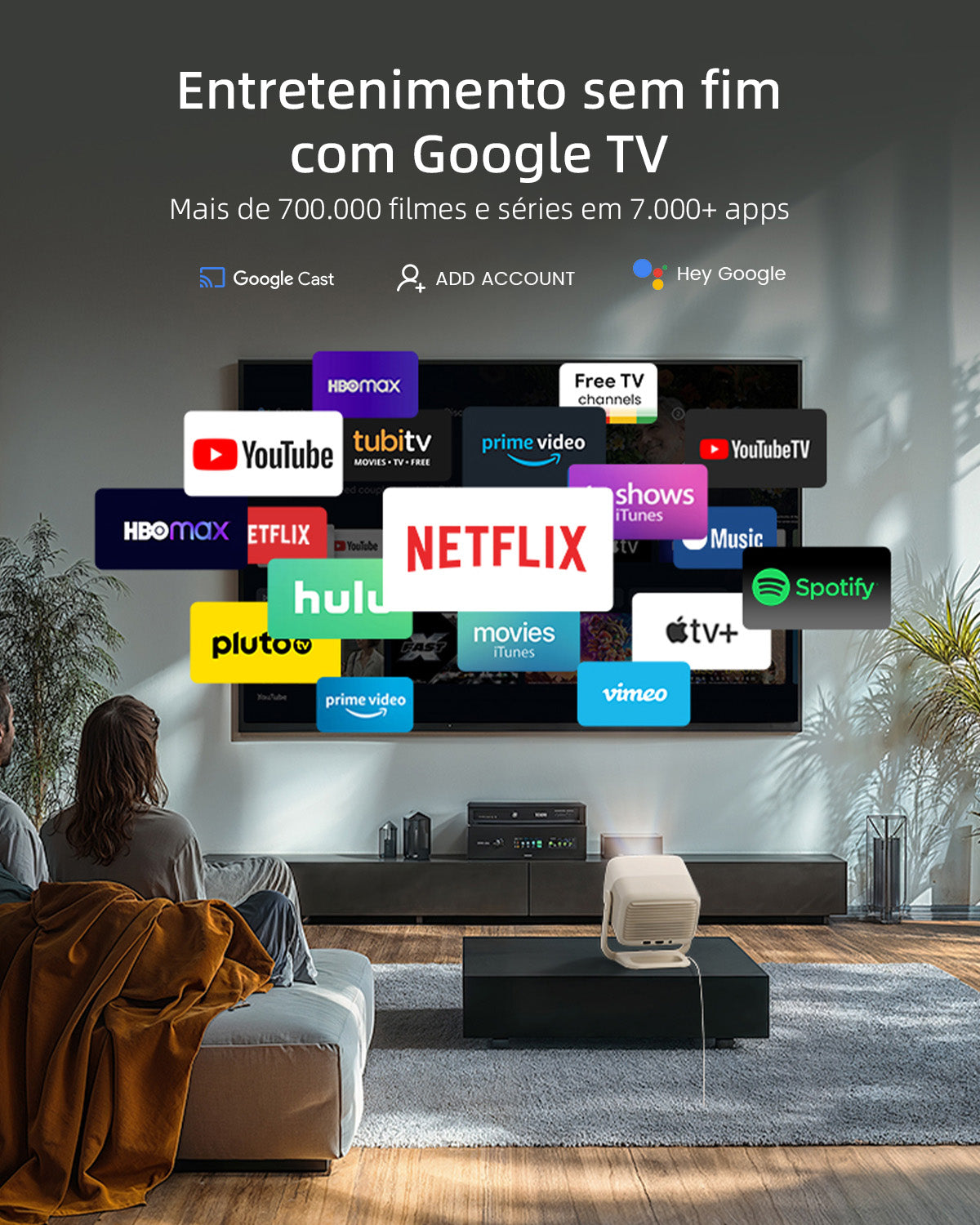 Projetor JMGO N1S Nano de Lançamento Longo com LED, Google TV e 460 Lúmens ISO
