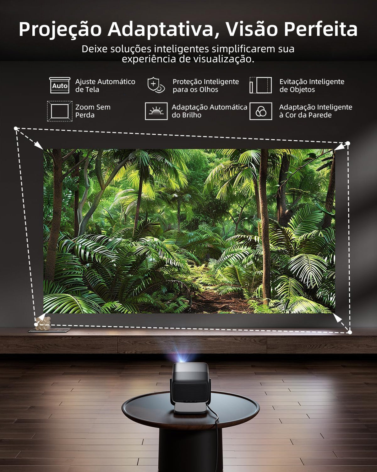 Recursos de projeção adaptativa do JMGO N1S Infinity: Ajuste Automático de Tela, Proteção Inteligente dos Olhos, Evitação Inteligente de Obstáculos, Ajuste Automático de Brilho e Calibração Inteligente da Cor da Parede